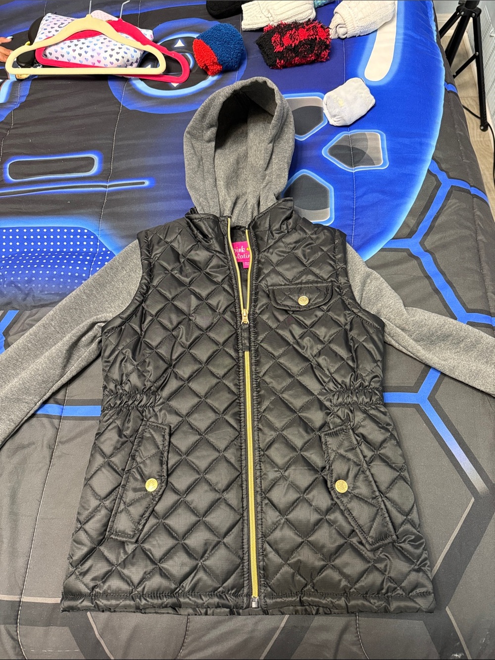 Pink Platinum Black Quilted Vest with Gray Hoodie Sleeves